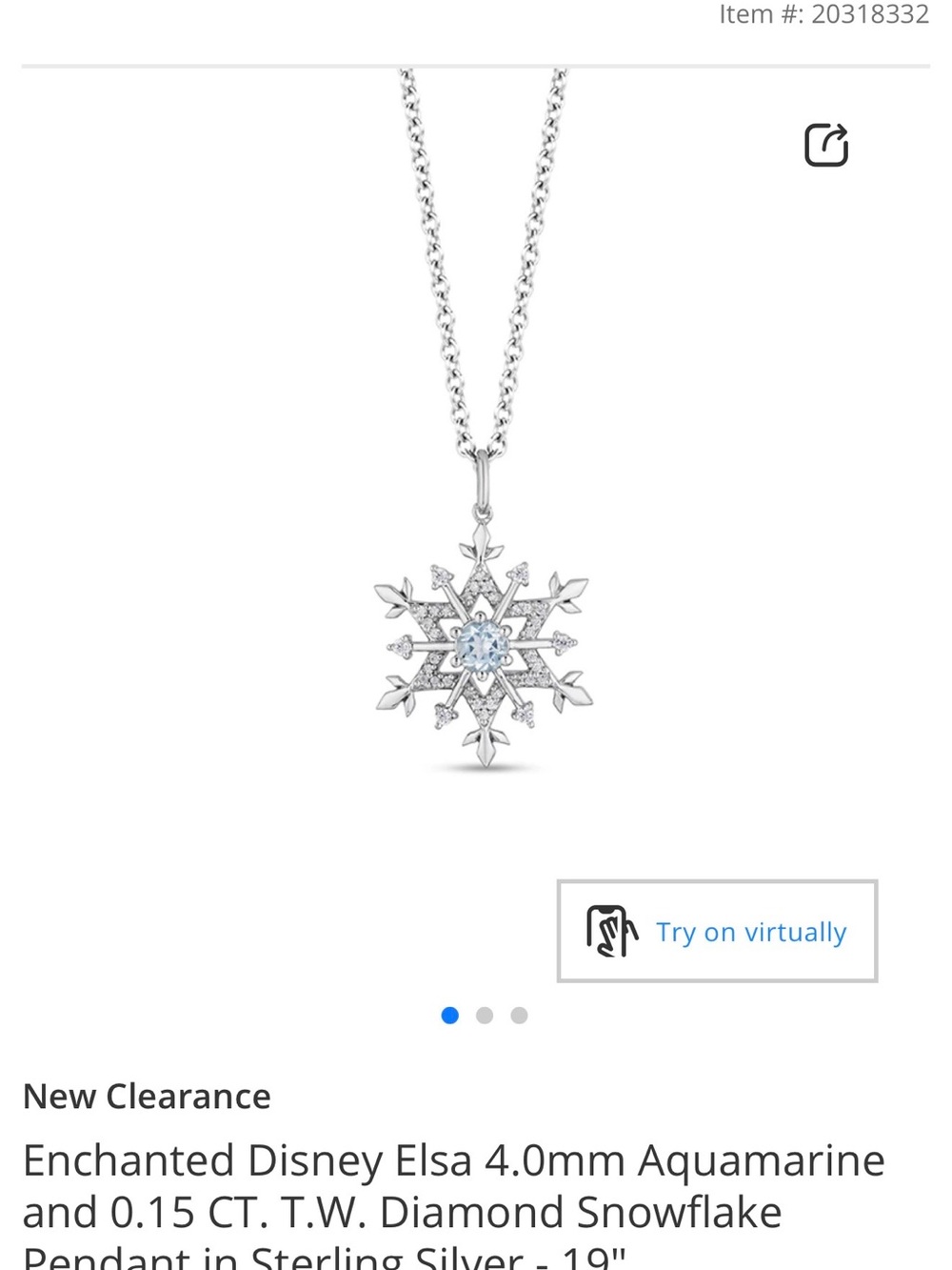 Disney Silver Snowflake Pendant with Light Blue Aquamarine